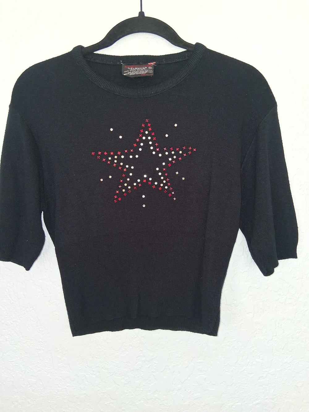 VTG Expressions by Campus M Black Knit Top Beaded Rhinestone Star USA Made